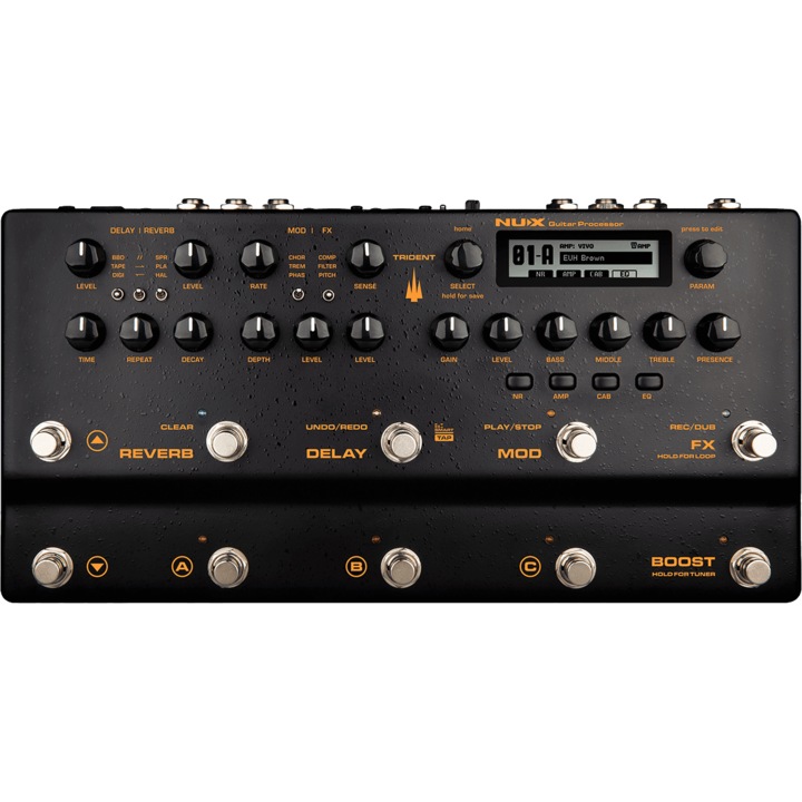 Процесор за електрическа китара, NUX, Trident, 27 симулации на кабинети, 96 предварително направени настройки, Черен