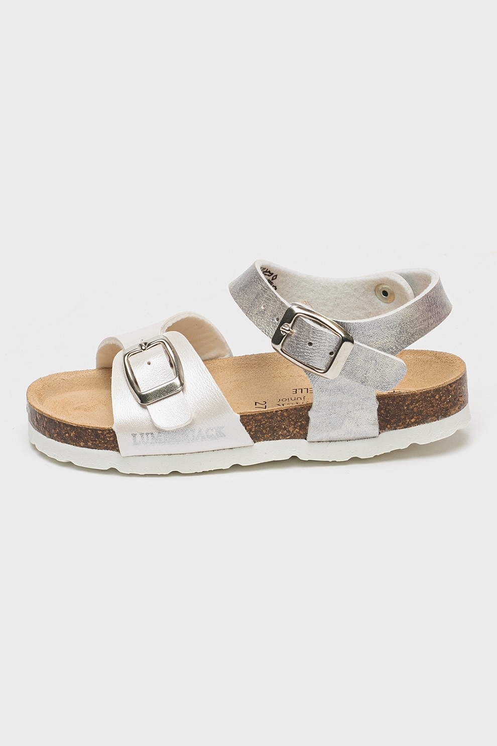 Lumberjack, Sandale de piele ecologica cu talpa plata Bling, Maro taupe deschis, Alb optic, Argintiu, 29 EU