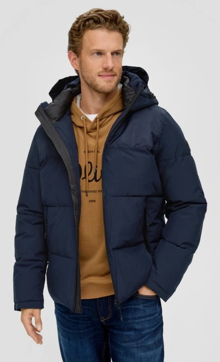 Geaca matlasata barbati, cu gluga si croiala Regular fit, s.Oliver, Bleumarin