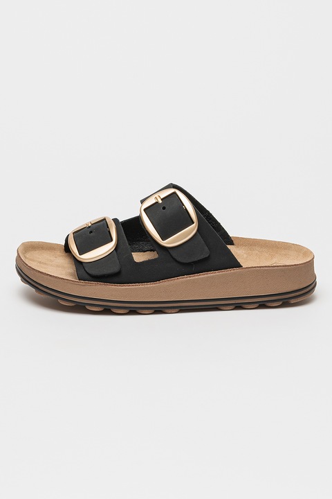 Lumberjack, Papuci de casa din piele cu catarame Karol, Negru/Maro, 39