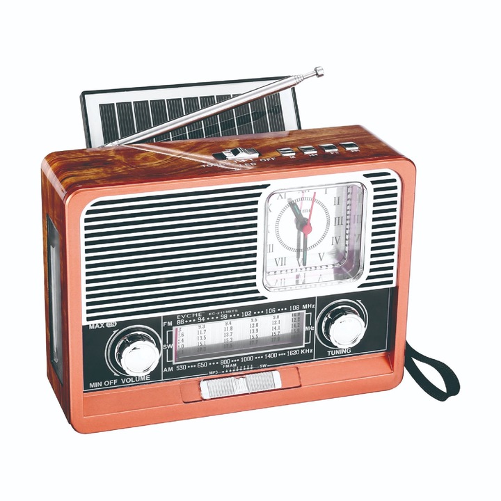 Retro órás rádió, FM/AM/SW, Bluetooth, napelemes, LED fény, USB flash meghajtó támogatás, AUX port, TF kártya bővíthetőség, beépített hangszóró, 1200mAh, retró stílusú, diófa