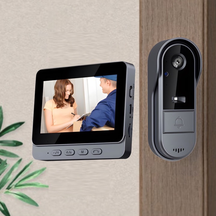 Kültéri vezeték nélküli video csengő monitorral, HITTERGEM, kétirányú kommunikáció, képrögzítés a csengő megnyomásakor, bluetooth kapcsolat, HD kép, hosszú autonómia, egyszerű telepítés