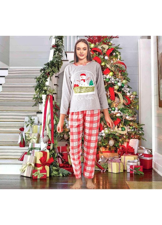 Pijama Femei, Tematica Craciun, Glob, Gri/Rosu, Rosu/Gri