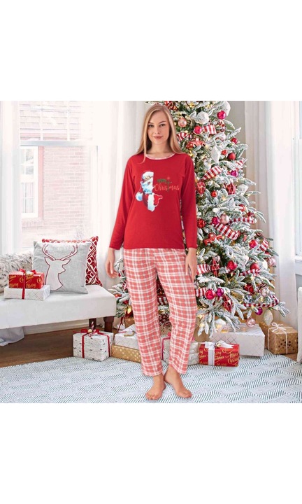 Női pizsama, karácsonyi témájú, Mikulás, piros, Piros, XL