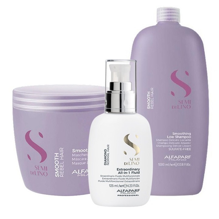 Set pentru netezire Alfaparf Milano Semi Di Lino Sampon, 1000 ml + Masca, 500 ml + Fluid pentru stralucire All-in-1 Diamond Illuminating, 125 ml