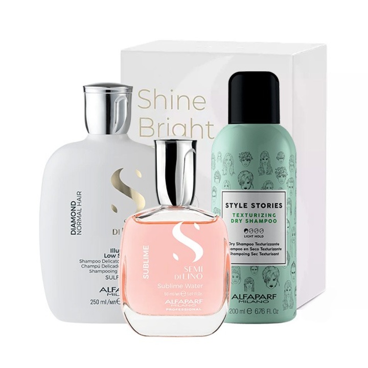 Set pentru stralucire Alfaparf Semi Di Lino Diamond Iluminating cu Sampon, 250 ml + Sampon uscat Style Stories 200 ml + Apa parfumata pentru par si corp Sublime Water 50 ml