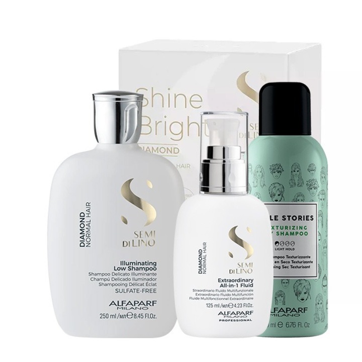 Alfaparf Semi Di Lino Diamond Illuminating Shine Комплект с шампоан, 250 мл, сух шампоан Style Stories 200 мл и флуид за блясък, 125 мл