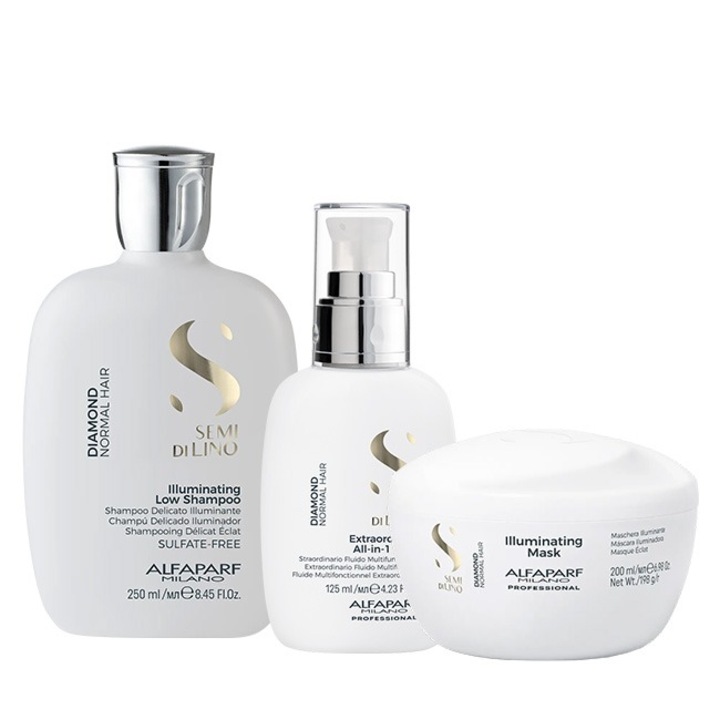 Set pentru stralucire Alfaparf Semi Di Lino Diamond Iluminating cu Sampon, 250 ml + Masca, 200 ml + Fluid pentru stralucire, 125 ml