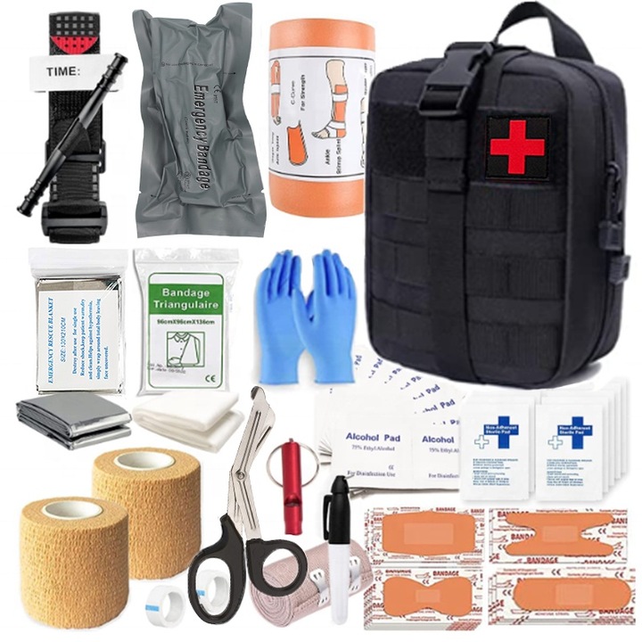 Тактически консумативи за първа помощ, WALALLA, IFAK Trauma Molle Pouch Комплект за спешно оцеляване, с турникет, вентилирано уплътнение за гърдите, израелска превръзка, шина, термо одеяло, ръкавици, за оцеляване, къмпинг, туризъм, пътуване, черни
