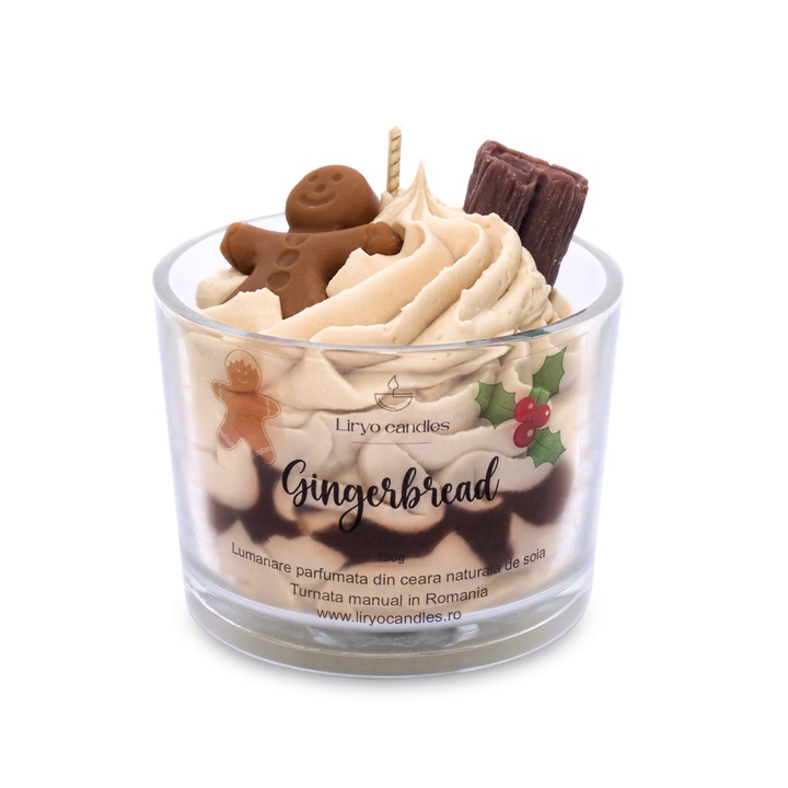 Lumanare parfumata din ceara soia 100% naturala, Liryo Candles, 150g - parfum Gingerbread, Colectie Craciun