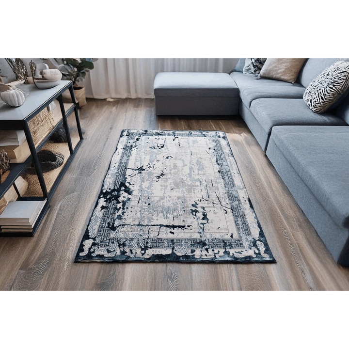 Covor Bluessette Marine, Living/Dormitor, Albastru, Crem, Incalzire in pardoseala, Fir Scurt 8 mm, Dimensiuni 80x150 cm, 1750 g/m², BravaCasa