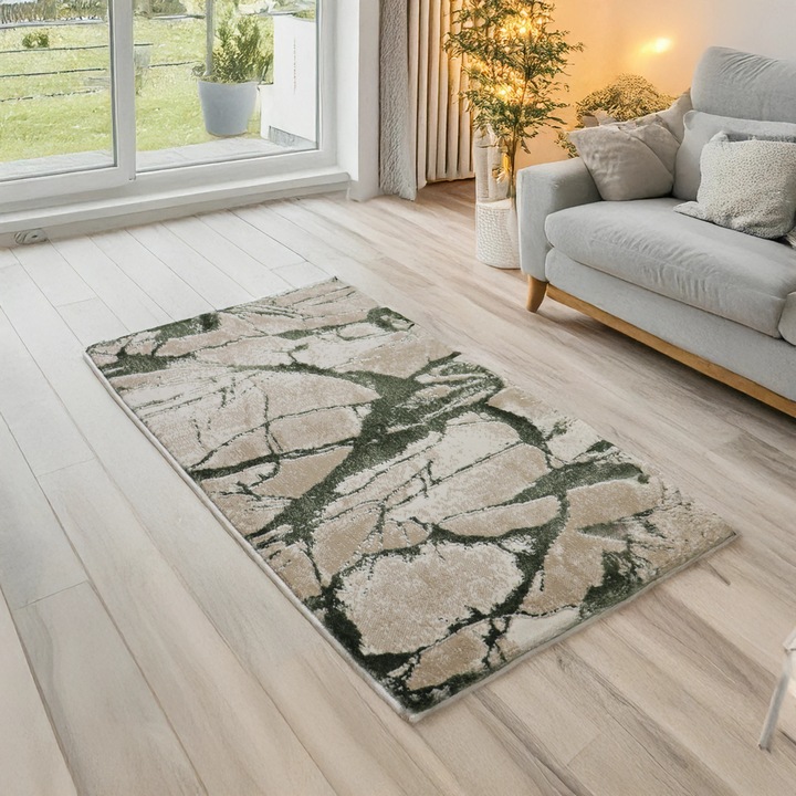 Covor Jade Whisper, Living/Dormitor, Verde, Crem, Incalzire in pardoseala, Fir Scurt 11 mm, Dimensiuni 80x150 cm, 2200 g/m², BravaCasa