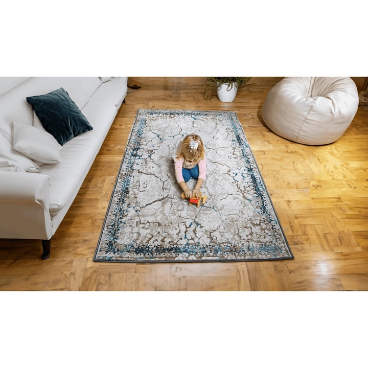 Covor Marbella Essence, Living/Dormitor, Albastru, Crem, Bej, Incalzire in pardoseala, Fir Scurt 8 mm, Dimensiuni 80x150 cm, 1750 g/m², BravaCasa