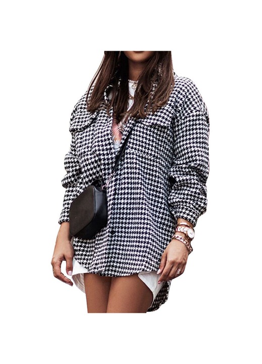Női hosszú ing, poliészter, kockás, gombos, fekete/fehér