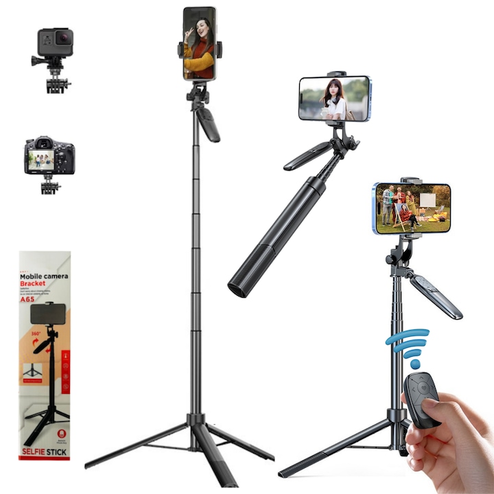 Selfie Stick Multifunctional 2 in 1, RaSteff™, Calitate Premium 150 cm – Trepied Telescopic din Aluminiu cu Telecomanda Bluetooth-Functie scrol-like, Compatibilitate iOS/Android, Negru