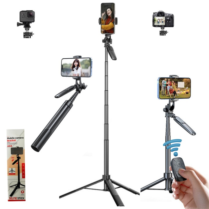 Selfie Bot Multifunkcionális 2 az 1-ben, RaSteff™, Prémium Minőség 150 cm – Alumínium Teleszkópos Állvány Bluetooth Távirányítóval, Görgetési Funkcióval, iOS/Android Kompatibilis, Fekete