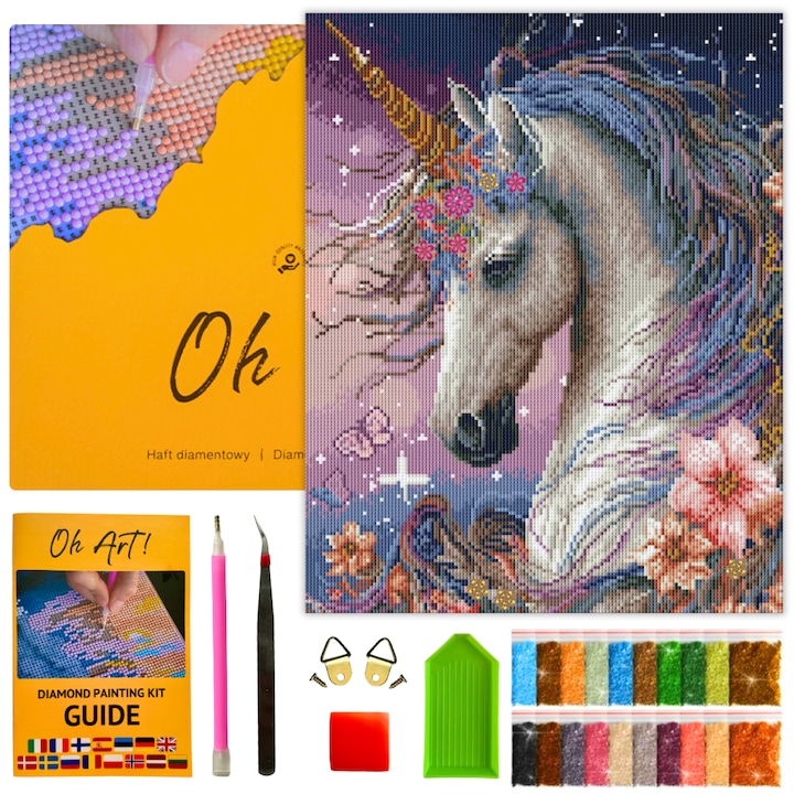 Комплект 5D диамантени бродерии с рамка - диамантена живопис 40x50 см, Направи си сам вълшебни еднорогови коне диамантен гоблен за възрастни и деца - Oh Art!®