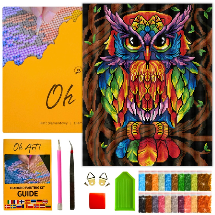 Комплект за диамантена бродерия с рамка 5D Диамантена картина 40x50 см, Диамантен гоблен Абстрактен цветен бухал Направи си сам за възрастни и деца - Oh Art!