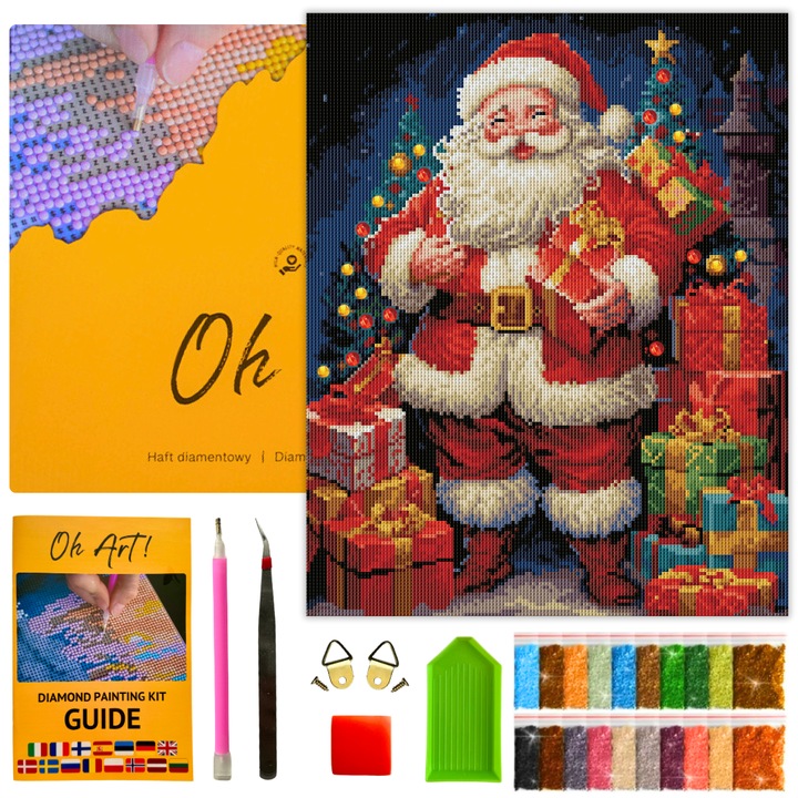 Set de broderie cu diamante 5D cu rama – Pictura cu diamante 40x50 cm, Goblen cu diamante Craciunul Mos Craciun cu cadouri DIY pentru Adulti si Copii – Oh Art!®