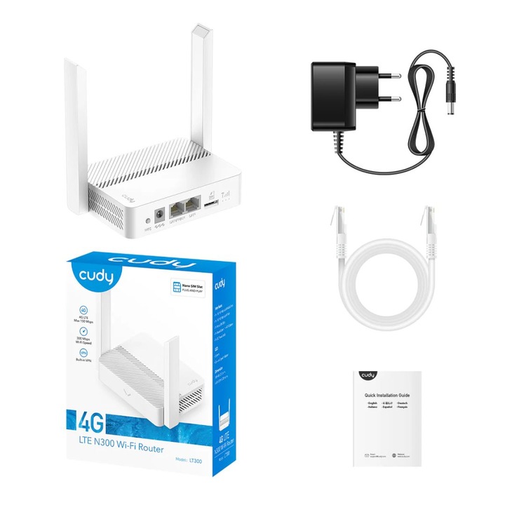 Router Wi-Fi Cudy LT300 4G LTE N300, 2.4GHz, 300Mbps, 1xLAN, 1xWAN/LAN
