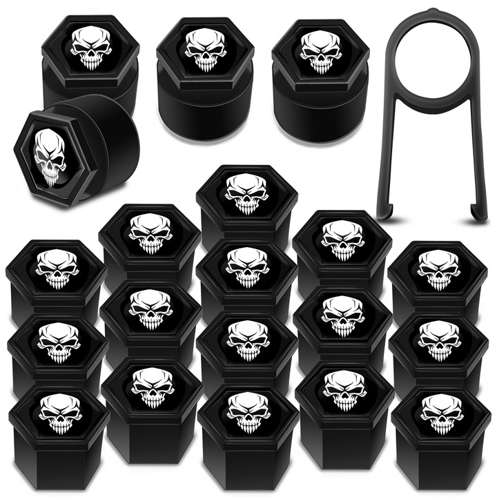 Kerékanya kupakkészlet SkinoEu, 19 mm, Univerzális, Koponya, Fekete / Fehér, LB 19N, 16 db + 4 db. záróanyákhoz