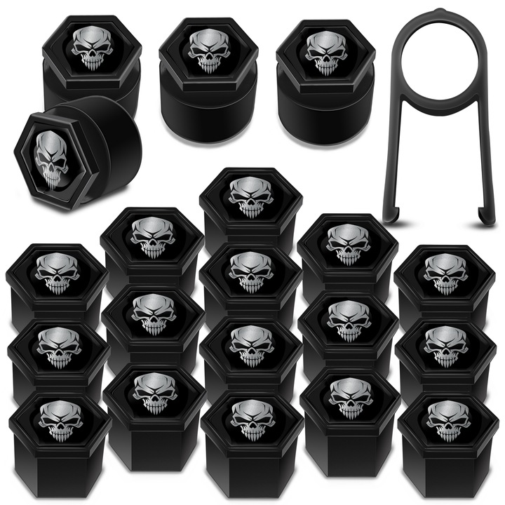 SkinoEu kerékanya sapkák készlet, 19 mm, Univerzális, Koponya, Fekete / Ezüst, LB 20N, 16 db + 4 db. záróanyákhoz