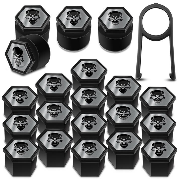 SkinoEu kerékanya sapkák készlet, 19 mm, Univerzális, Koponya, Fekete / Ezüst, LB 21N, 16 db + 4 db. záróanyákhoz