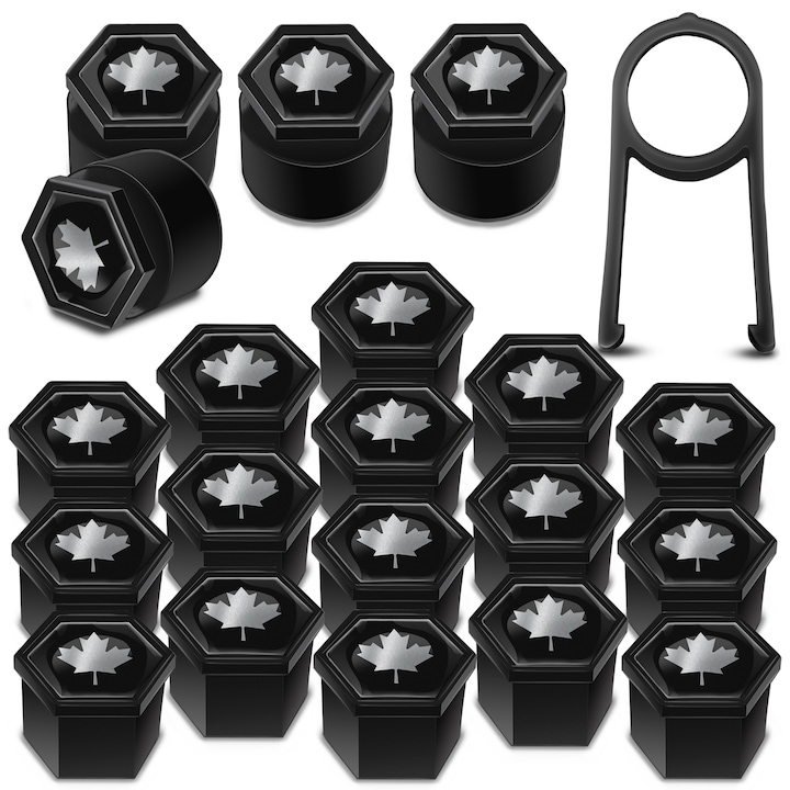SkinoEu kerékanya sapkák készlet, 19 mm, Univerzális, Kanadai zászló, Fekete / Ezüst, LB 26, 16 db + 4 db. záróanyákhoz