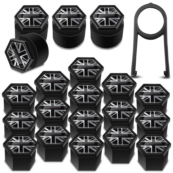 SkinoEu kerékanya sapkák készlet, 19mm, Univerzális, UK Flag, Fekete / Ezüst, LB 28, 16 db + 4 db. záróanyákhoz