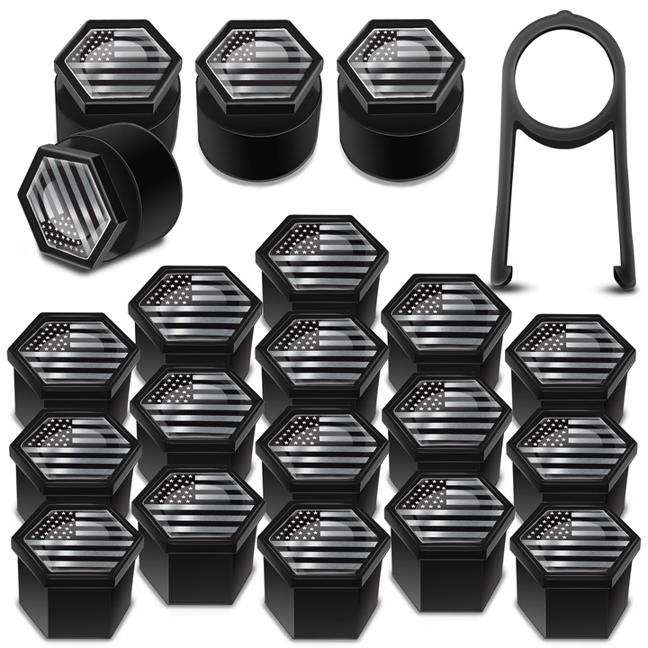 SkinoEu kerékanya sapkák készlet, 19mm, Univerzális, USA zászló, fekete / ezüst, LB 29, 16db + 4db záróanyákhoz