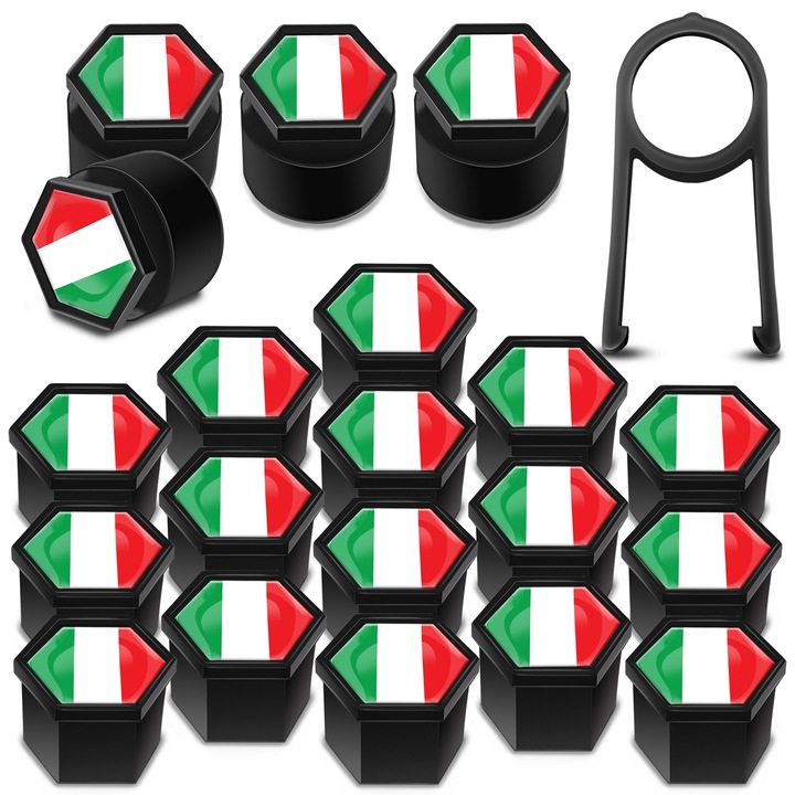 SkinoEu kerékanya sapkák készlet, 19mm, Univerzális, Olaszország zászlaja, Fekete / Többszínű, LB 30, 16 db + 4 db. záróanyákhoz