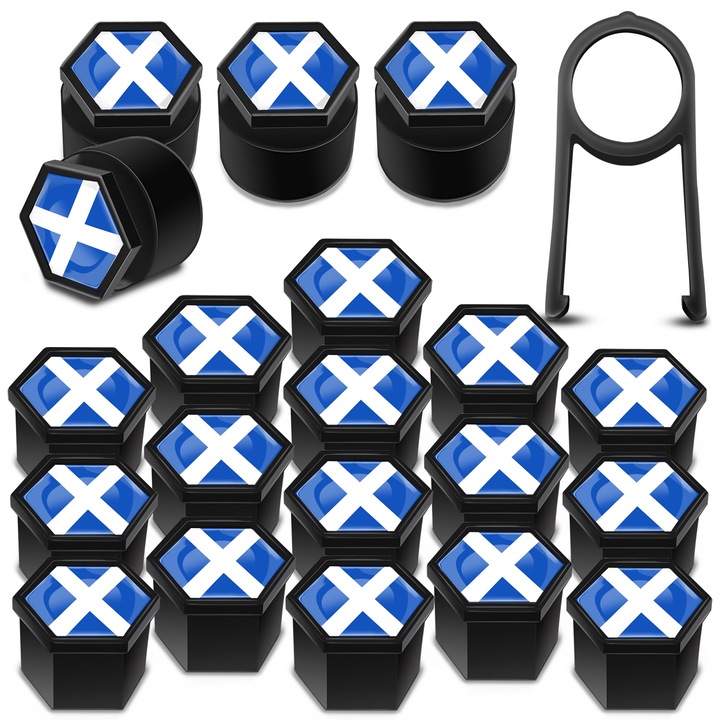 SkinoEu kerékanya sapkák készlet, 19mm, Univerzális, Scotland Flag, Fekete / Kék, LB 32, 16 db + 4 db. záróanyákhoz