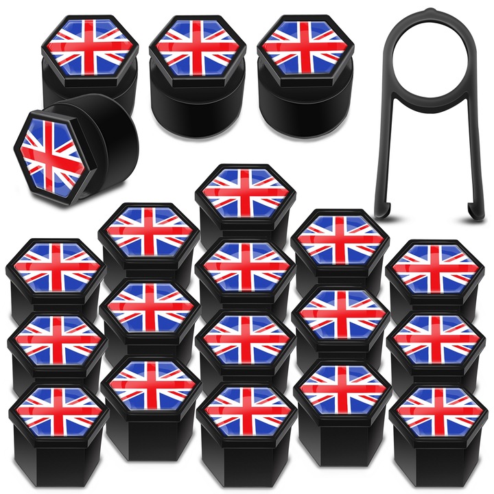 SkinoEu kerékanya sapkák készlet, 19mm, Univerzális, UK Flag, Fekete / Többszínű, LB 33, 16 db + 4 db. záróanyákhoz