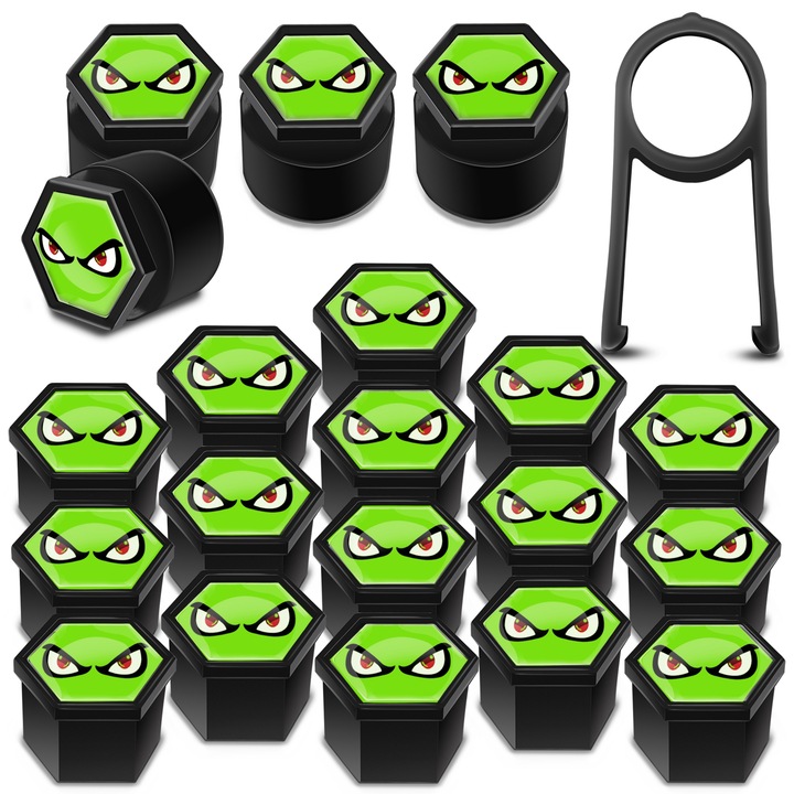 Kerékanya-sapkák készlet SkinoEu, 19 mm, Univerzális, Fekete / Zöld, LB 34, 16 db + 4 db. záróanyákhoz