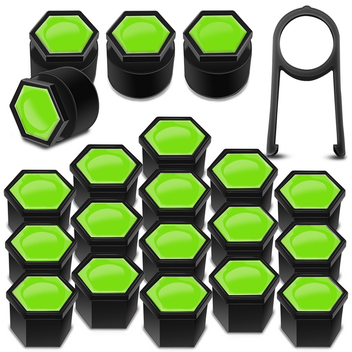 Kerékanya-sapkák készlet SkinoEu, 19 mm, Univerzális, Fekete / Zöld, LB 38, 16 db + 4 db. záróanyákhoz