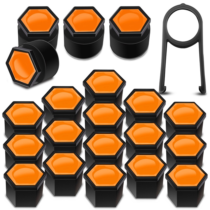 SkinoEu kerékanya sapkák készlet, 19 mm, Univerzális, Fekete / Narancs, LB 39, 16 db + 4 db. záróanyákhoz