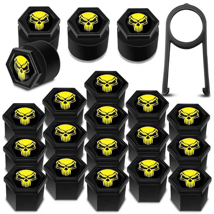 SkinoEu kerékanya sapkák készlet, 19 mm, Univerzális, Koponya, Fekete / Sárga, LB 15N, 16 db + 4 db. záróanyákhoz