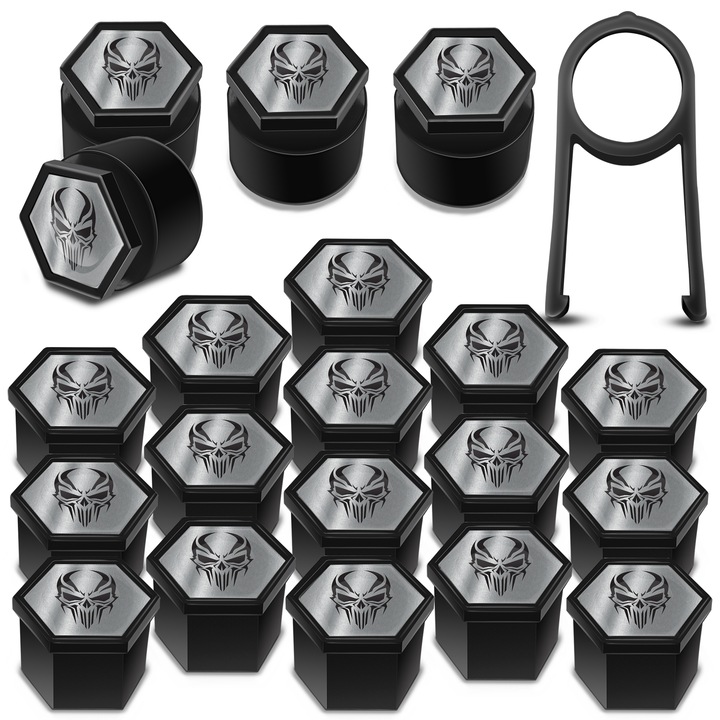 SkinoEu kerékanya sapkák készlet, 19 mm, Univerzális, Koponya, Fekete / Ezüst, LB 18N, 16 db + 4 db. záróanyákhoz