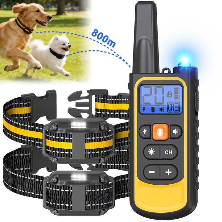Професионален електрически нашийник за обучение, BYONDSELF, подходящ за 2 кучета, обхват 800 м, звуково предупреждение, вибрация и електрически импулс, гумени електроди, акумулаторен, водо- и прахоустойчив, IP67, жълт
