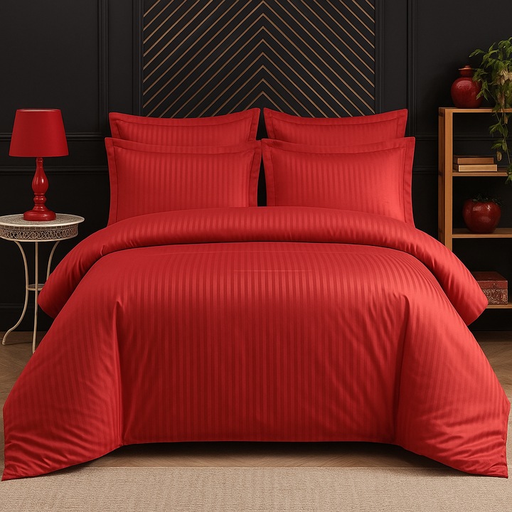 Lenjerie de Pat Set 6 Piese CELhome, Damasc, Rosu, 180x200cm, Cearceaf cu Elastic 200x230cm, Fete Perna 70x70cm, 55x80cm