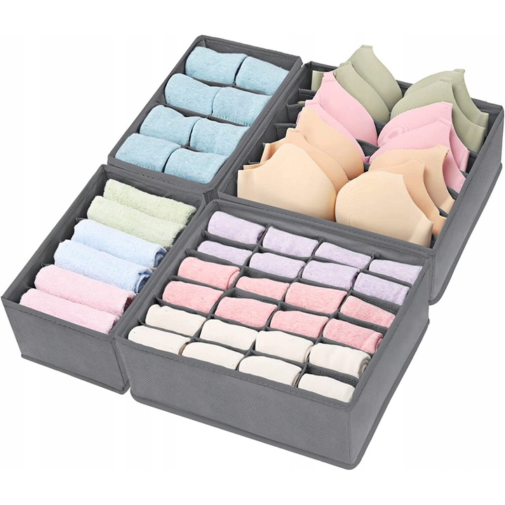 Set 4 organizatoare pentru sertare, Novaza Tech, pliate, din material textil, pentru depozitare lenjerie, 4 dimensiuni, Gri