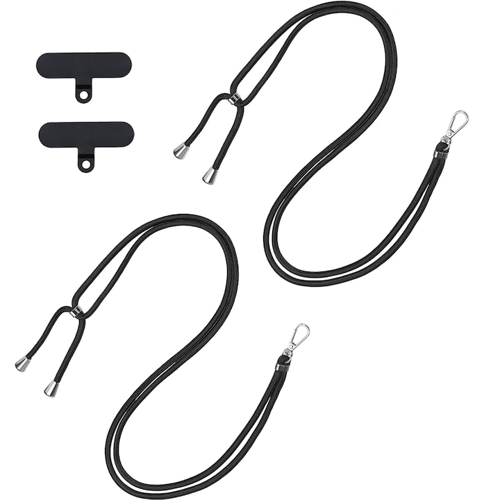 Snur multifunctional pentru telefon mobil, SINBINTA, Set 2 snur securizat pentru telefonul mobil, Cu 2 plasturi, Fitinguri metalice, Anti-pierdere, Rezistent la uzura, Reglabil, Usor de dezasamblat, Portabil, Poliester, 76.5cm, Negru