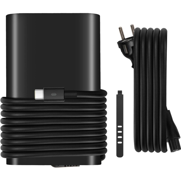 Dell kompatibilis töltő, SINBINTA, LED jelzővel, 1 méteres AC tápkábellel és 95 mm-es négylyukú szilikon kábelkötegelővel, C típusú, 65 W, 20 V 3,25 A, PC, 106 * 66 * 22 mm, fekete