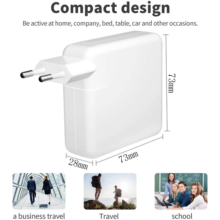 Töltő kompatibilis Apple Macbook, SINBINTA, LED kijelzővel és 95 mm-es négylyukú szilikon kábelkötegelővel, Mágneses T-Type csatlakozó, 60 W, Hossz 1,8 m, Gyors töltés, PC, 73*73*28mm, Fehér