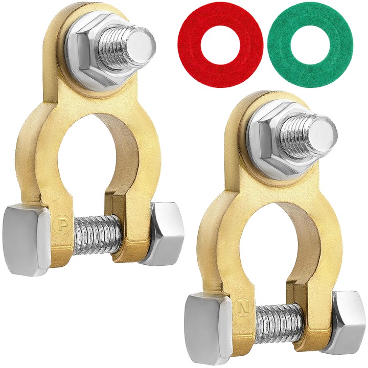 Borne pentru baterie auto, Minetgnon®, Contact bun, rezistent la coroziune, 2 saibe anticoroziune, Cupru, compatibile pozitive 18 mm, negative 16 mm, 4 buc, Auriu