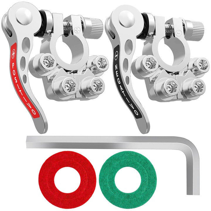 Клеми за автомобилен акумулатор, Minetgnon, Добър контакт, устойчиви на корозия, с четири клеми и скоби за бързо освобождаване, 2 антикорозионни шайби и фиксиран ключ, Метал, 5 бр., Положителни 17,5-19,1 mm, Отрицателни 15,9-17,5 mm, Сребристи