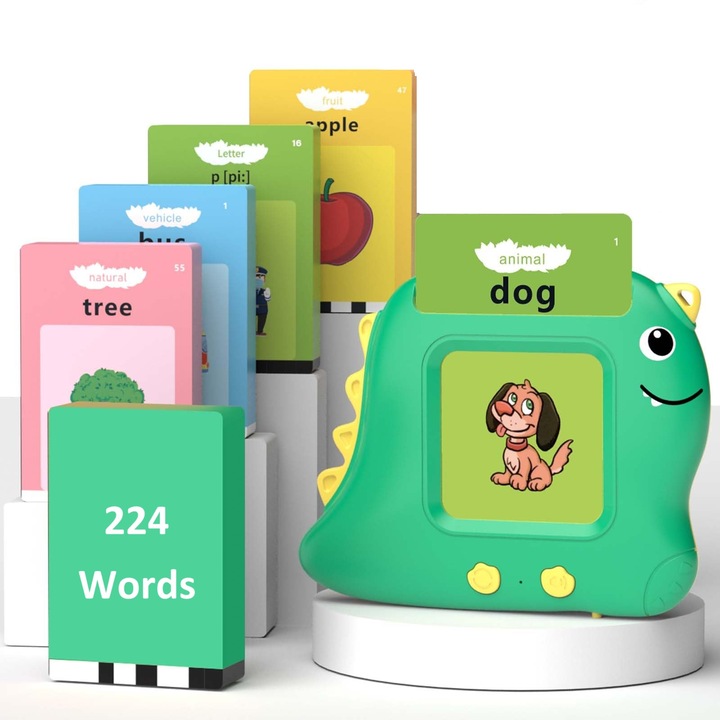 Montessori oktatójáték, oktatógép készlet kártyaolvasóval, angoltanulás, 112 darabos flash kártyák, 224 szó, 3 év felett, zöld