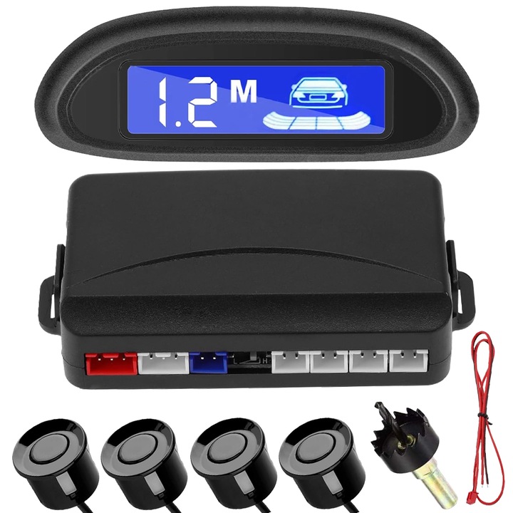 Senzori Parcare Auto, Minetgnon®, Cu 4 receptoare, Afisaj LCD, Buzzer de avertizare sonora, Distanta de detectare 0.3-2 m, 12 V, Plastic/Metal, 8 buc, Negru