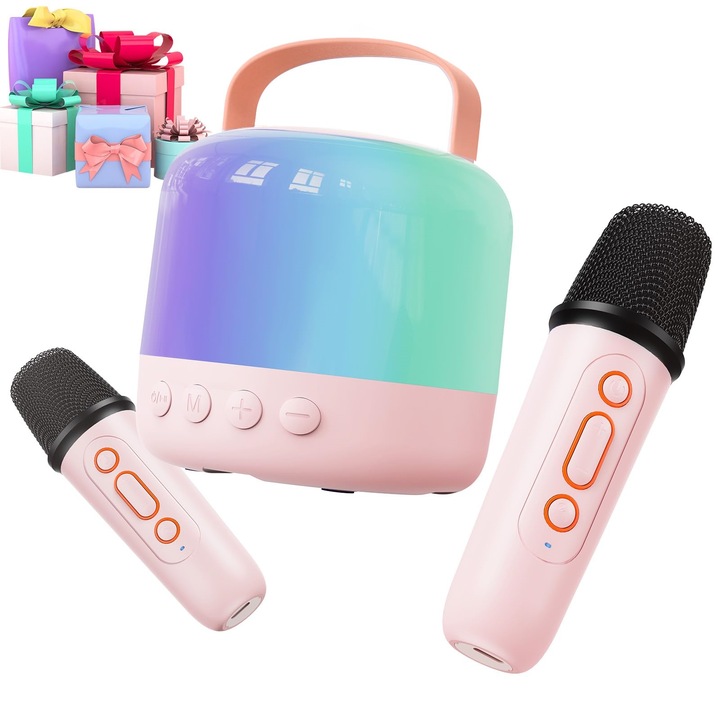 Set Boxa Bluetooth 5.3 Karaoke cu 2 Microfoane Wireless, Pentru Adulti si Copii, Perfecta pentru Petreceri, Spectacole si Cadouri, Sunet Stereo 3D 6W, Lumini LED RGB, Roz