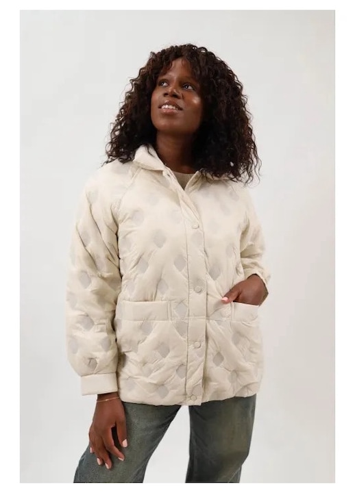 Geaca matlasata subtire asimetrica cu buzunare gineea, Crem deschis